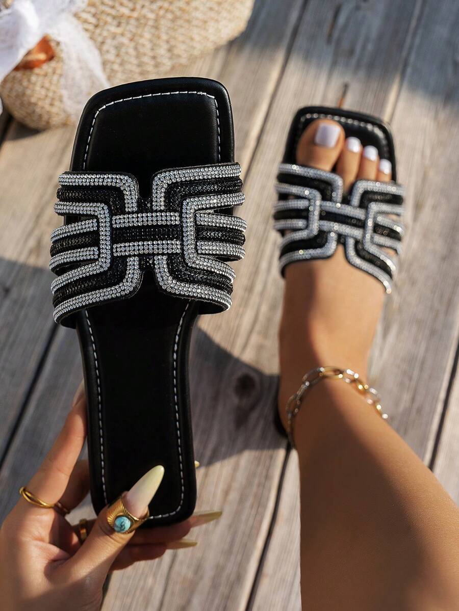 Dép xăng đan đế bằng dáng rộng dành cho nữ đính pha lê – Dép lê lấp lánh 2026 thích hợp cho công sở, đi hàng ngày và hoạt động ngoài trời, dép lê nữ, đồ dùng cần thiết cho mùa hè - màu đen - Xem 1
