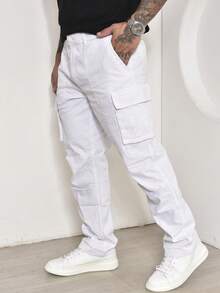 Men's Casual Cargo Pants With Multi-Pocket Design And Elastane - White - View 2