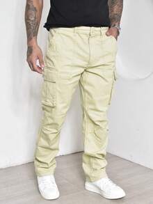 Men's Casual Cargo Pants With Multi-Pocket Design And Elastane - 芥末黃 - 查看 4