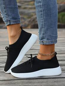 Women's Lace-Up Mesh Breathable Athletic Sneakers, Knit Upper, Casual Commuting Outdoor Walking Shoes, Soft Sole Non-Slip Lightweight Running Shoes, Spring/Autumn - Black - View 3