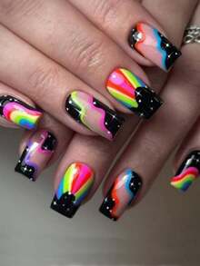 24 Stücke mittelgroße quadratische tragbare Nägel mit Regenbogen- und Sternmustern, gepaart mit Gelee-Kleber und Nagelfeilen, geeignet für tägliche Treffen und Festivals von Frauen - Verschiedenfarbig - Übersicht 2