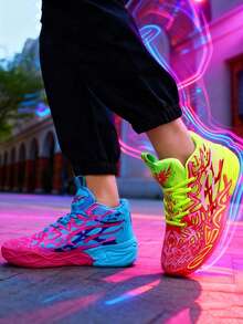 Couple Matching Basketball Sneakers, Camouflage Asymmetrical Painted Uneven Colorful Casual Sports Shoes For Teenagers And Students, Durable Non-Slip Sole, Breathable And Comfortable - Red - View 2