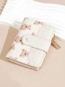 Baellerry 1pc Girl's Wallet With Bear Print Zippered Coin Snap Button Wallet Card Wallet Keychain Charms For Girl - Multicolor - View 1