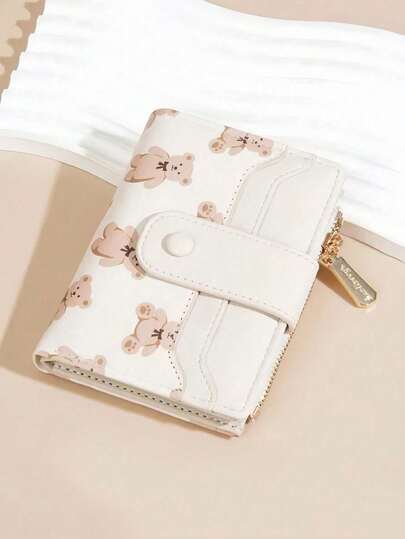 Baellerry 1pc Girl's Wallet With Bear Print Zippered Coin Snap Button Wallet Card Wallet Keychain Charms For Girl Wallet Purse Wallet Small Wallet Cute Wallet Money Wallet Coin Wallet Mini Wallet Purses For Woman Wallet For Ladies