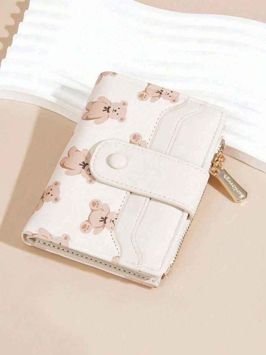 Baellerry 1pc Girl's Wallet With Bear Print Zippered Coin Snap Button Wallet Card Wallet Keychain Charms For Girl - Multicolor - View 1