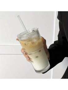 1pc Striped Glass Cup With Straw And Lid - 20.29oz/600ml, Elegant Glass Drinking Cup Suitable For Coffee, Tea, Whiskey, Milk, Iced Americano And Latte - Multicolor - View 7
