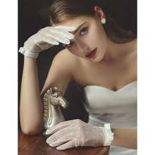 Guantes cortos de encaje QRBTSCL para fiesta de té, disfraces, cena de boda, talla única, color marfil - Marfil - Ver 4