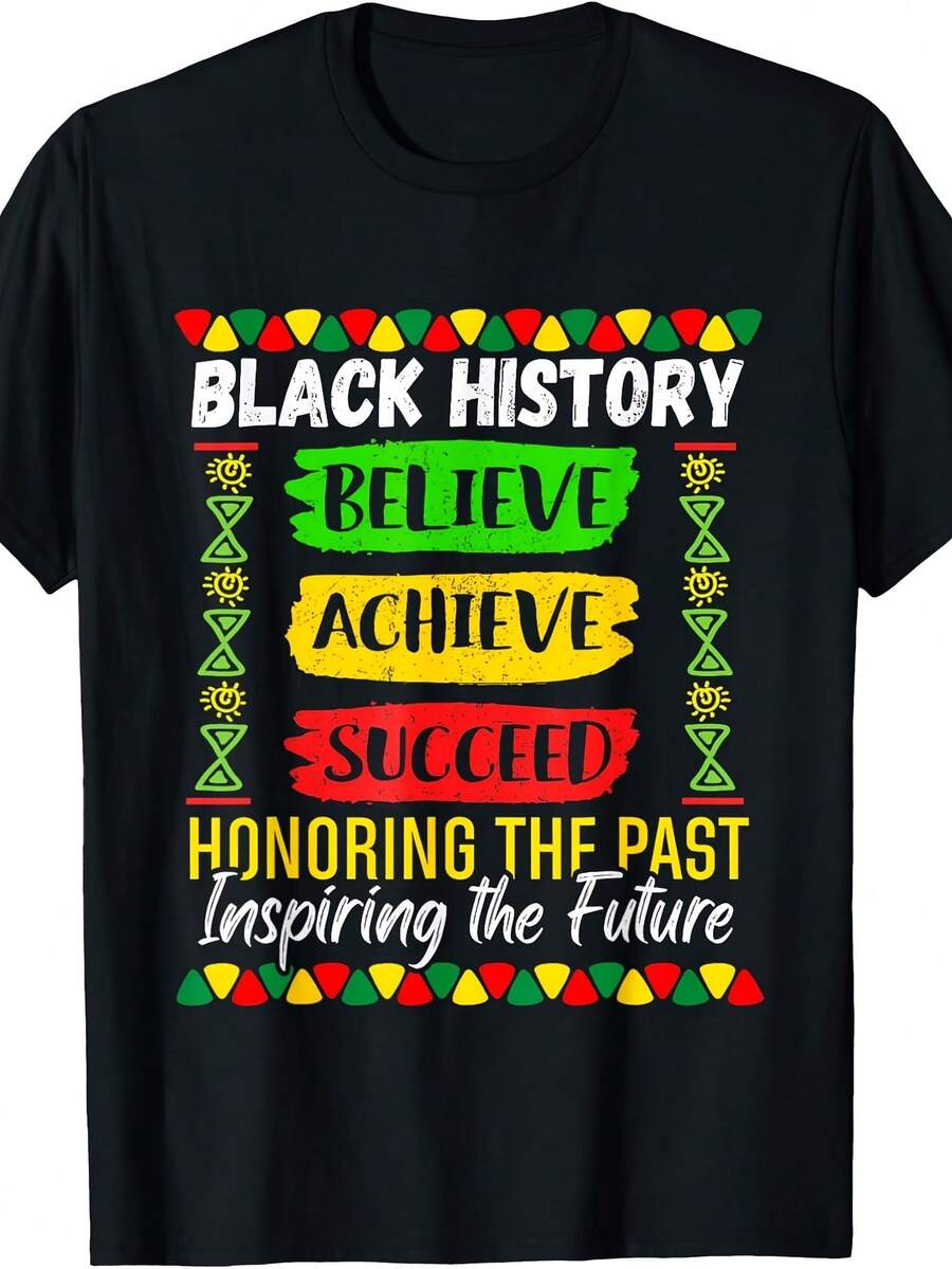 Black History Month Believe Achieve Succeed Mela Nin African T-Shirt - 黑色 - 查看 1
