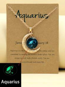 1pc Retro Luminous 12 Zodiac Constellation Necklace With Moon Pendant, Zodiac Card Necklace Gift For Party/Birthday - Yellow Gold - View 13