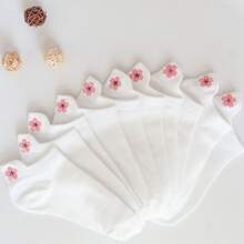 3/6/10 pares de calcetines tipo náutico blancos de verano para mujer con estampado de flores de cerezo, cómodos y con talón antideslizante, apropiados para estilo JK