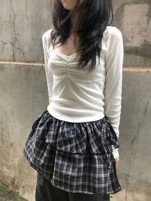 柔软甜美奶油色圆领褶裥长袖T恤，韩版 - 白色 - 查看 5