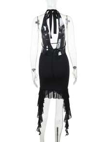 Deep V-Neck Ruffle Asymmetric Hem Backless Halter Summer Dress, Party Dress, Cocktail Dress - Black - View 3