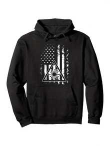 1pc Men-S American Flag Print Hooded Sweatshirt - Distressed Vintage Style Pullover With And Stripe Design, Medium Stretch Knit Fabric, Regular Fit Longeeve Hoodie For SpringFall, _188 - Đen 4 - Xem 1