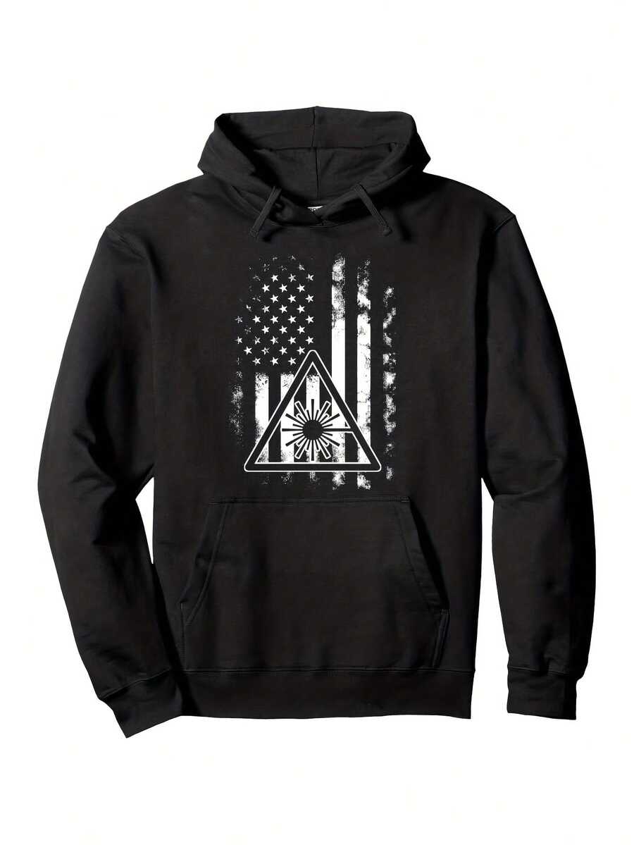 1pc Men-S American Flag Print Hooded Sweatshirt - Distressed Vintage Style Pullover With And Stripe Design, Medium Stretch Knit Fabric, Regular Fit Longeeve Hoodie For SpringFall, _188 - Đen 4 - Xem 1