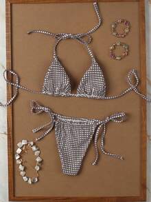 2026 女士灰白格子细肩带系带比基尼，甜美性感两件套，适合浪漫假期、夏季海滩、女士生日装、女士健身服、女士优雅连衣裙、女士度假装、女士休闲上衣 - 彩色 - 查看 3