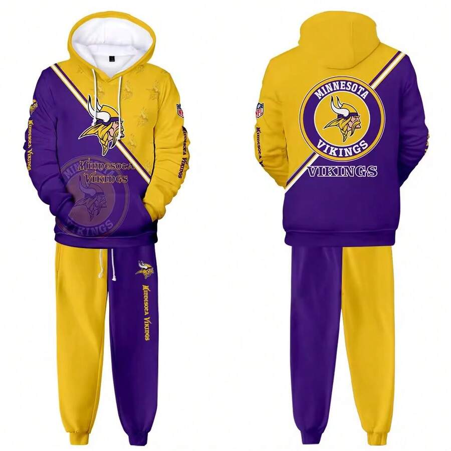 Minnesota Viki-Ngs Men'S Stylish 3D Lion Print 2pcs Athletic Wear Set - Long Sleeve Hoodie & Joggers, Casual Outdoor & Gym Wear For Spring/Fall, Football Team Pattern Design, Comfortable & Breathable Fabric, Perfect For Comfortable Fit - 彩色 - 查看 1