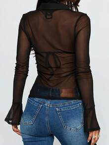 Women's Long Sleeve Sheer Mesh Button Down Shirts See Through Collared Slim Fit Tops Fashion  Mesh Blouse - 黑色 - 查看 4