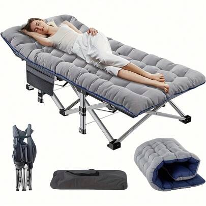 Folding Camping Bed For Adults Heavy Duty 199.58kg Weight Capacity With Mattress And Side Pocket Portable Lightweight Sturdy Frame For Camping Home Office Travel Picnic