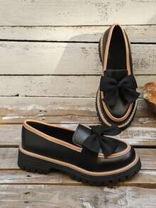 Women's Fashion New Loafers Shoes Shoes Bowknot Thick Sole, All Season - Black - View 2