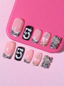 24pcs Short Square Leopard Print Pink & White French Embossed Nail Stickers, Decorated With Heart, Star And Friday Patterns, Cute Girl Style, Perfect Fit For Nails, Set Includes 1pc Jelly Gel And 1pc Nail File, Suitable For Women And Girls For Daily Wear And Various Party Occasions - Nhiều màu 7 - Xem 4