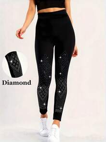 Leggings neri eleganti e casual da donna con decorazioni in strass luccicanti, pantaloni skinny elasticizzati, moda europea e americana, adatti per uso quotidiano, fitness, corsa, attività all'aperto, casa, comodi 7/8 lunghezza - nero - Visualizzare 4