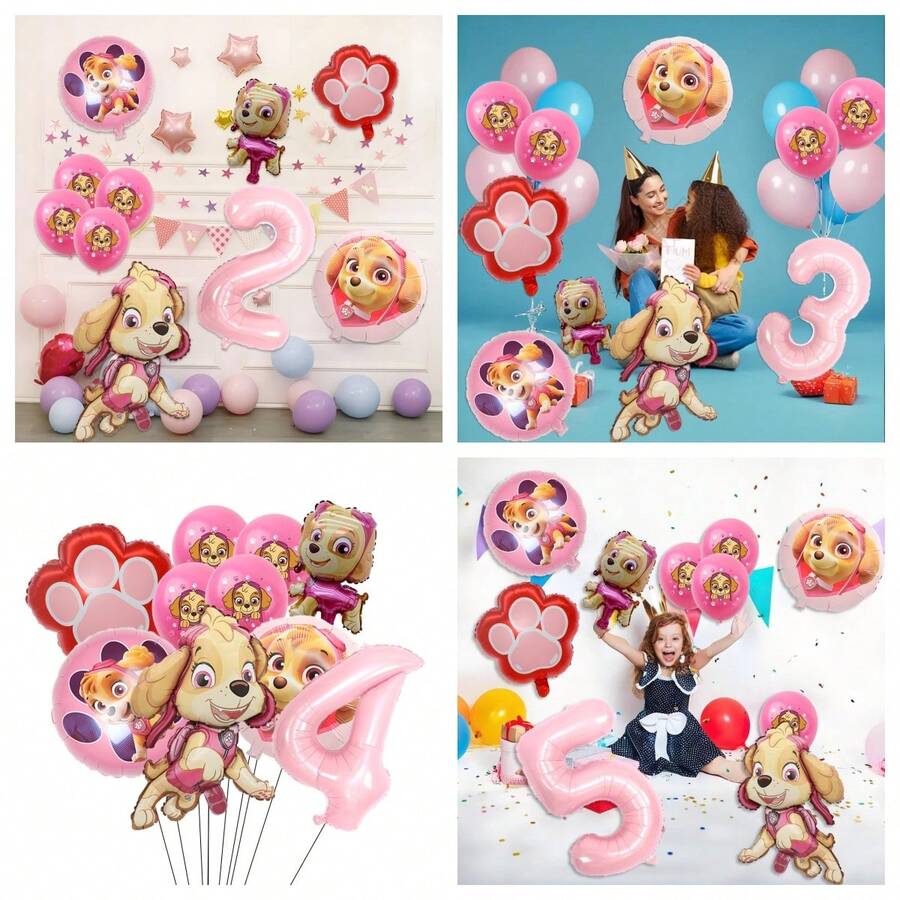 这款粉色汪汪队立大功乳胶气球套装包含金属箔数字气球、生日派对装饰气球和趣味气球，适合 1 至 9 岁儿童，是成人生日或墙面装饰气球套装的绝佳礼物。