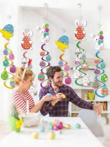 6pcs Easter Theme Spiral Hanging Decorations, Easter Decor Hanging Ornaments, Cute Bunny Eggs Party Decor, DIY Easter Party Decorations, Indoor Easter Party Supplies Hanging Spring Decor - Multicolor - View 1