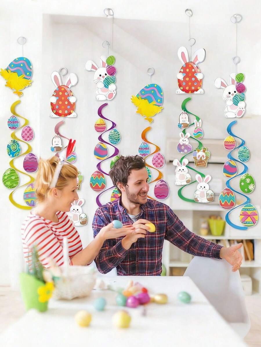 6pcs Easter Theme Spiral Hanging Decorations, Easter Decor Hanging Ornaments, Cute Bunny Eggs Party Decor, DIY Easter Party Decorations, Indoor Easter Party Supplies Hanging Spring Decor - Multicolor - View 1