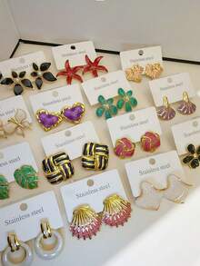 New Geometric Fashionable Metal Earrings, Exaggerated And Personalized Oil-Dropping Stud Earrings, Stainless Steel Metal Earrings, Exquisite And High-End Non-Fading Earrings. Perfect Gifts For Female Friends. Valentine's Day Holiday Party Wear 3/6/12 Pairs Random Set - Multicolor - View 2