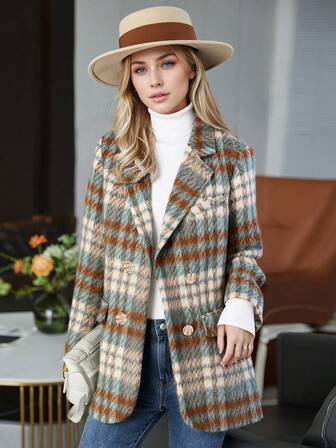 Blazer imbottito in misto lana a quadri per donna, tuta casual in lana di alta qualità e calda, nuovo arrivo autunno/inverno 2025