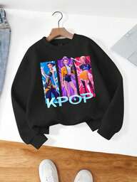 Kpop Hunter Group Pattern Print, Girls' Autumn Round-Neck Sweatshirt, Casual Outdoor Sports Style, Comfortable, Soft, Breathable And Skin-Friendly, Fashionable And Versatile, A Round-Neck Sweatshirt That Children Can Wear Alone