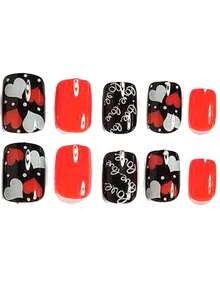 Europejskie krótkie kwadratowe paznokcie, walentynkowy manicure, wysokiej jakości czerwone i czarne błyszczące sztuczne paznokcie z czerwonymi, białymi i serduszkowymi wzorami - Czerwony - Zobacz 4