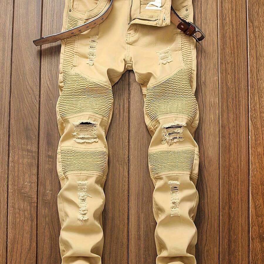 Men'S Slim Fit Faux Denim Ripped Skinny Faux Denim For Men, Fashion Biker Faux Denim Stretch Moto Cargo Faux Denim Pants - 卡其色 - 查看 1