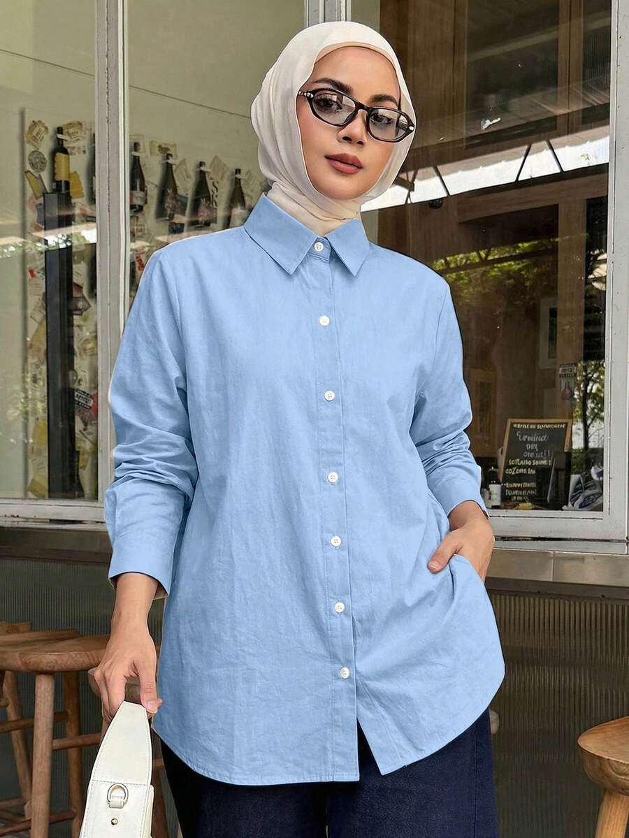 DAZY Women's Plain And Simple Long Sleeve Daily Shirt,Long Sleeve Tops,Fall Clothes Spring - Blue - View 1