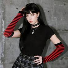 Nydotd Fingerless Long Sleeve Mittens Gloves Y2K Kawaii Japanese Harajuku Gothic Punk Knitted Striped Arm Warmer For Women,BlackRed - Đen Đỏ - Xem 3