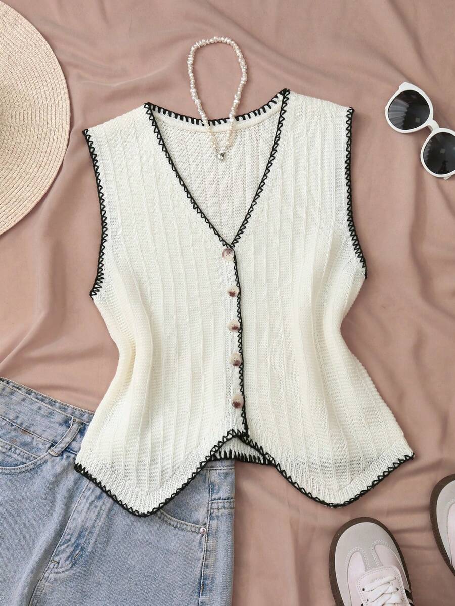 女士V领纽扣前开襟无袖针织背心，春夏休闲针织上衣，可爱时尚优雅日常工作针织衫，女士夏季针织衫，女士夏季上衣，女士可爱夏季上衣 - 白色 - 查看 1