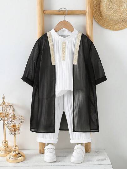 3pcs Young BoySummer Ribbed Short Sleeve Solid Color Pants Set With Black Mesh Robe, Casual Daily Outfit