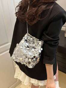 Dedoo 1pc Glitter Lightweight Large Capacity Women's Crossbody Bag, Fashionable Versatile Party Bucket Bag Suitable For Party, Travel, Evening Events - Silver - View 5