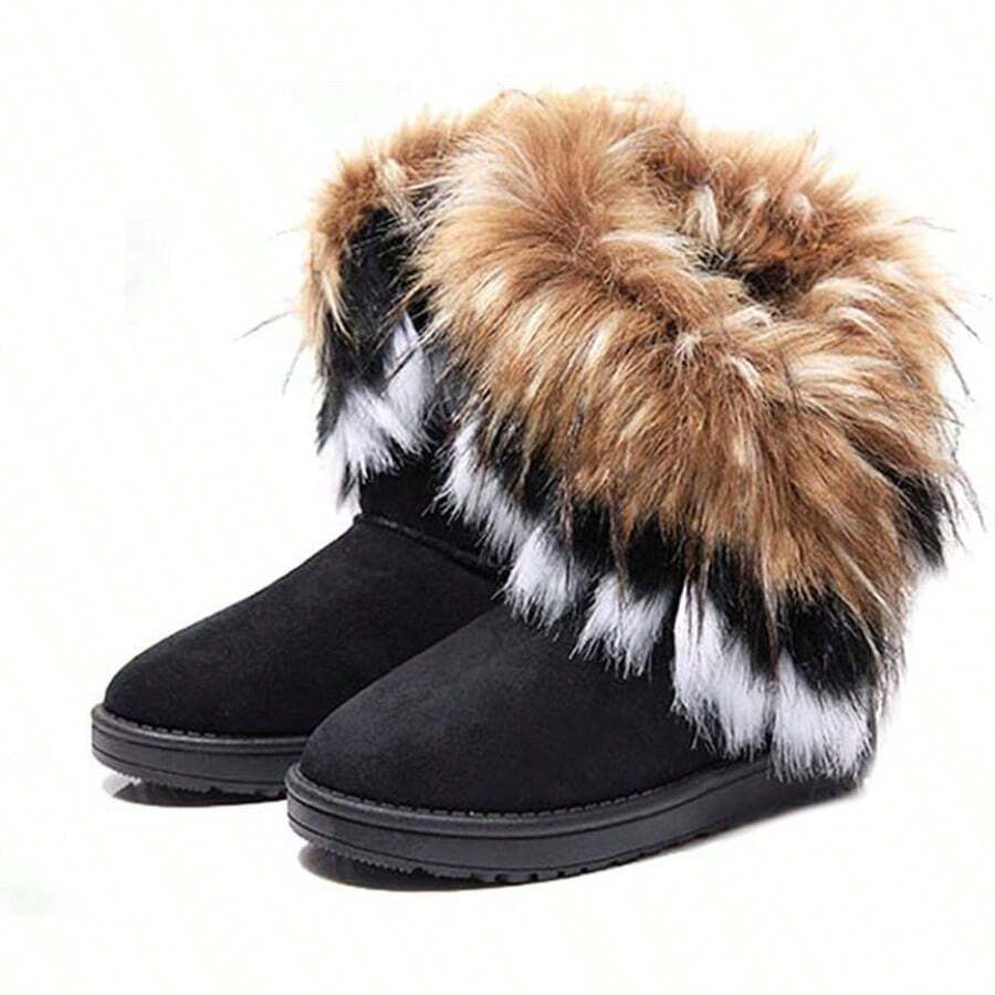 King Ma Women's Faux Fur Tassel Winter Snow Boot Suede Flat Ankle Boots - 黑色 - 查看 1