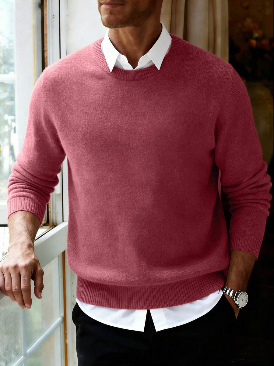 Men's Solid Color Crew Neck Casual Loose Fit Long Sleeve Sweater, Autumn/Winter - Burgundy - View 1