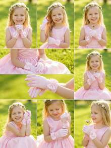 1 双女童白色高端缎面蝴蝶结镂空刺绣手套，适合婚纱、拍照、舞台表演、公主、花童、生日、演奏会、舞蹈 - 五指伸展