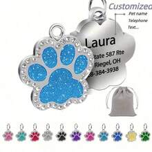 Personalized Engraved Pet Name Tag - High-Quality Glitter Paw Shape Cat Dog Collar ID Tag, Customized Pet ID Tag With Glitter Paw Design
