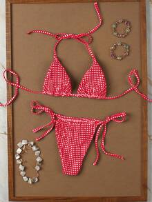 2026新款女士红白格子吊带比基尼，甜美性感两件套，适合浪漫假期、夏季海滩、女士生日装、女士健身服、女士优雅连衣裙、女士度假装、女士休闲上衣 - 彩色 - 查看 3