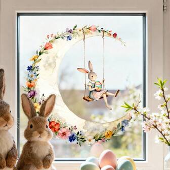 1 st månblomma söt kanin gungfönsterdekal, gör-det-själv avtagbar statisk självhäftande dekal, lämplig för påsk sovrum, vardagsrum, balkong och skyltfönsterdekoration