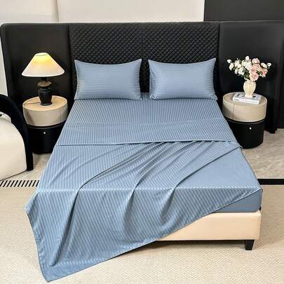 1 Set 4-Piece Satin Striped Bedding Set, Includes 1 Bed Sheet, 2 Pillowcases, 1 Fitted Sheet, Polyester Fiber, Modern Minimalist Style, Skin-Friendly Soft, Suitable For Hotel, Home, Hostel, Bedroom