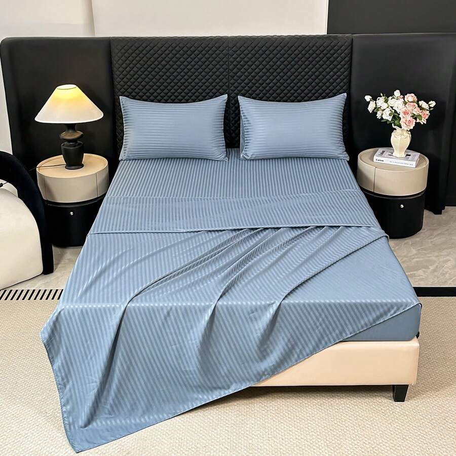 1 Set 4-Piece Satin Striped Bedding Set, Includes 1 Bed Sheet, 2 Pillowcases, 1 Fitted Sheet, Polyester Fiber, Modern Minimalist Style, Skin-Friendly Soft, Suitable For Hotel, Home, Hostel, Bedroom - Dusty Blue - View 1