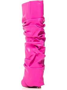 Women's Slouched Ruched Fold Over Boots - Patent Leather Covered Wedge Heel Wide Calf Pointed Toe Knee High Casual Boots - Pink - View 3