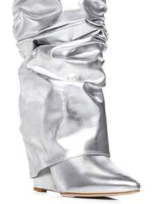 Women's Slouched Ruched Fold Over Boots - Patent Leather Covered Wedge Heel Wide Calf Pointed Toe Knee High Casual Boots - Silver - View 4