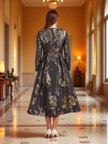 DEVCHATA Luxury Women's Elegant Long Jacquard Trench Coat, Round Neck Design, Suitable For Formal Dinners, Christmas Parties, Vacations And Autumn/Winter Dates (Flower Placement Random) - Black - View 3