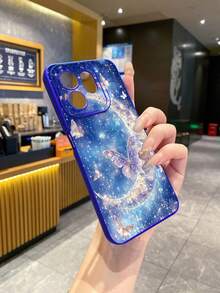1pc Shiny Moon & Butterfly Protective Phone Case, UV Printed Compatible With Samsung/Galaxy///// Android Models - Blue - View 6